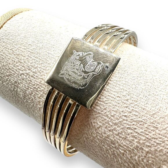 Silver Tone Etched Tiger Head Cuff Bracelet Vintage 80s 90s Grunge Biker Goth - Picture 3 of 5
